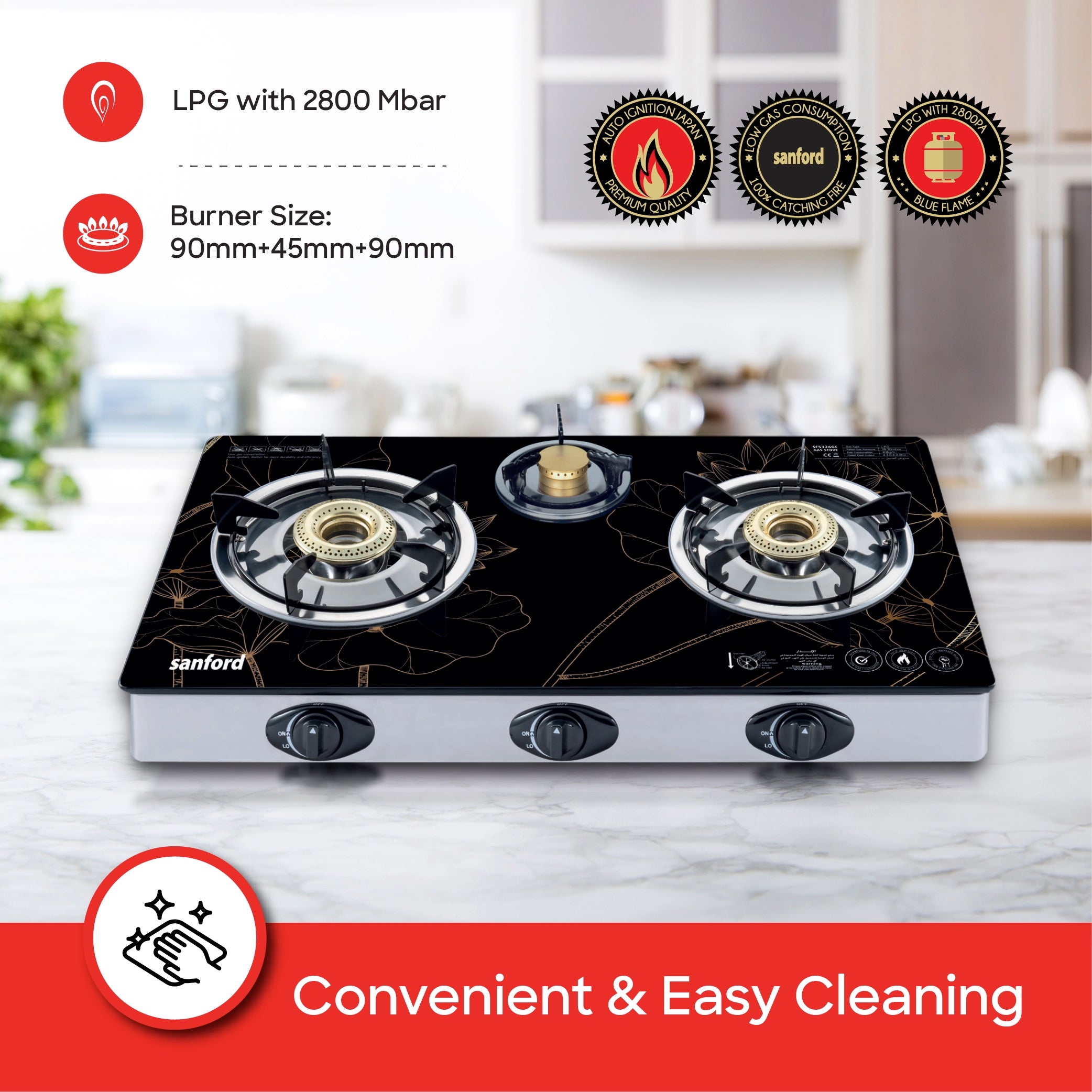 triple burner glass gas stove Stainless Steel Frame & Tray sanford 4