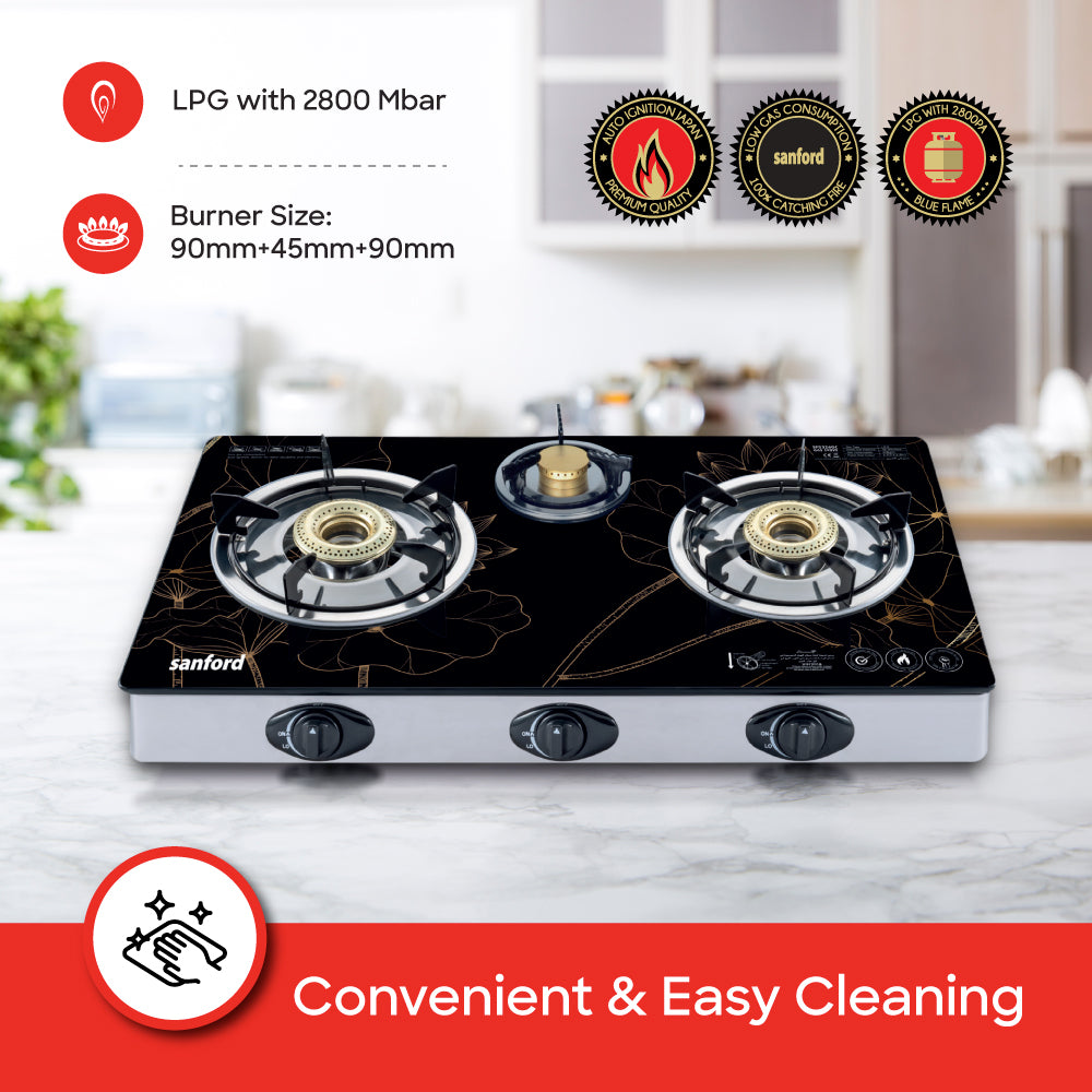 Sanford triple burner cooktop flame control and auto-ignition detail