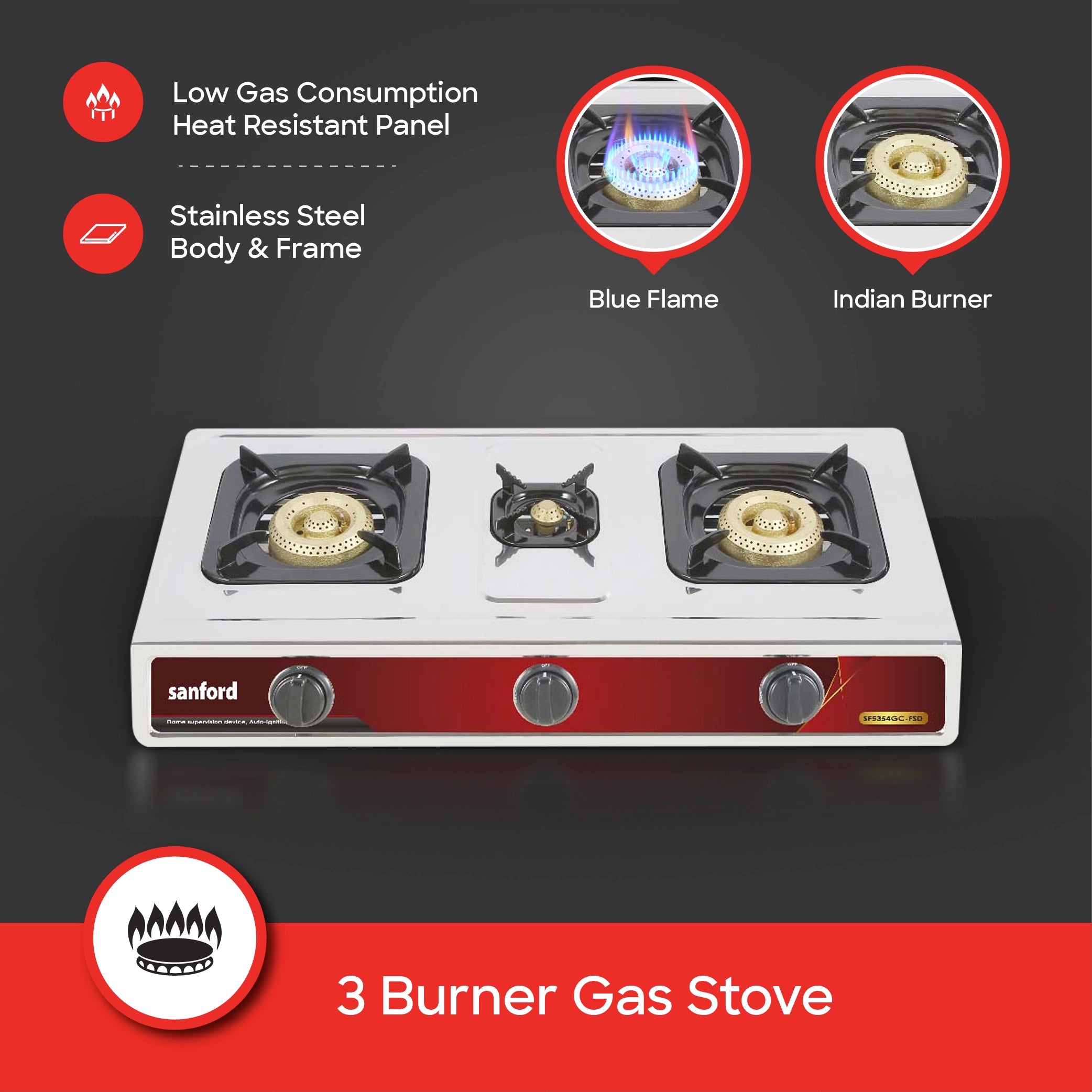triple burner stainless steel gas stove durable sanford 3
