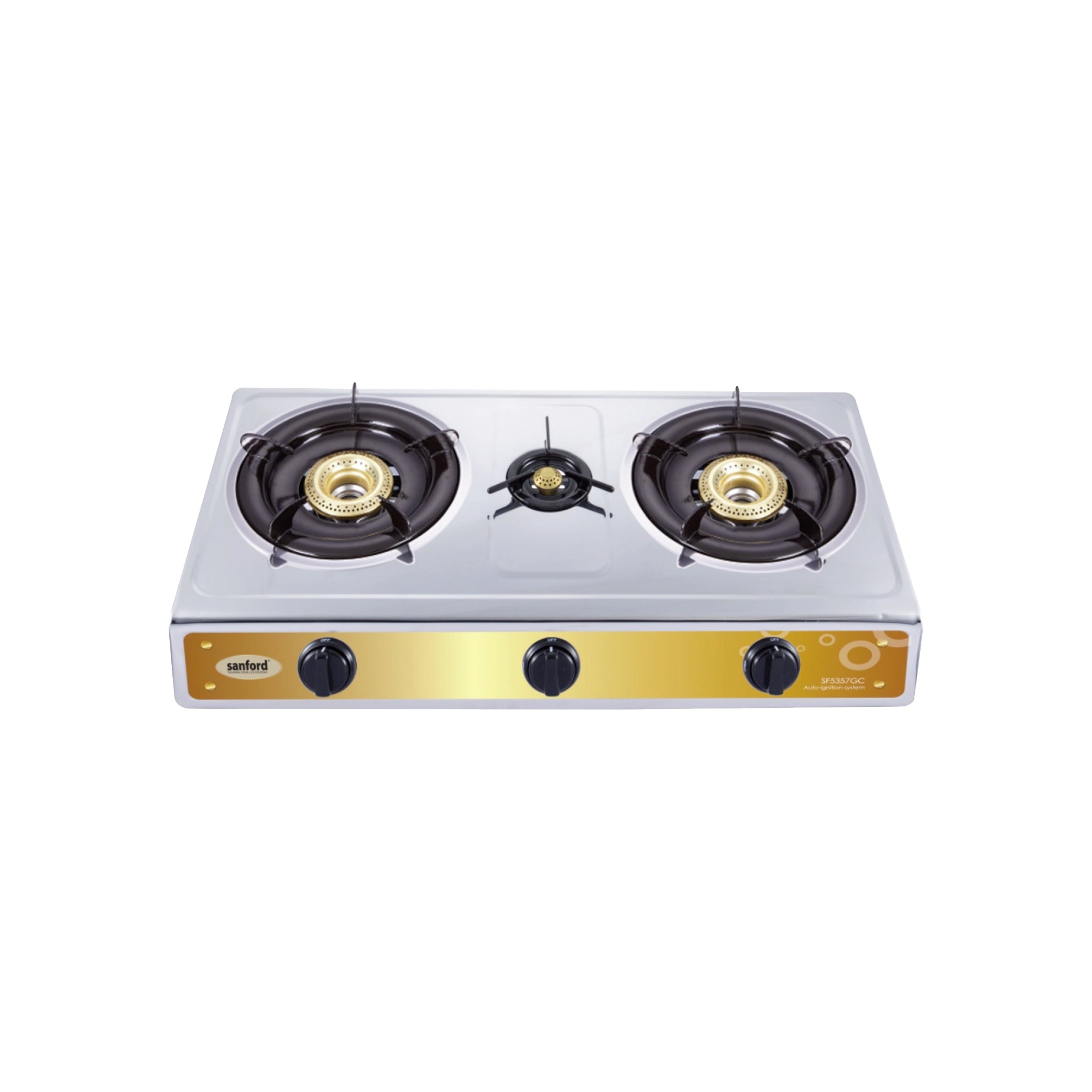 stainless steel triple burner stove blue flame Auto Ignition sanford 1