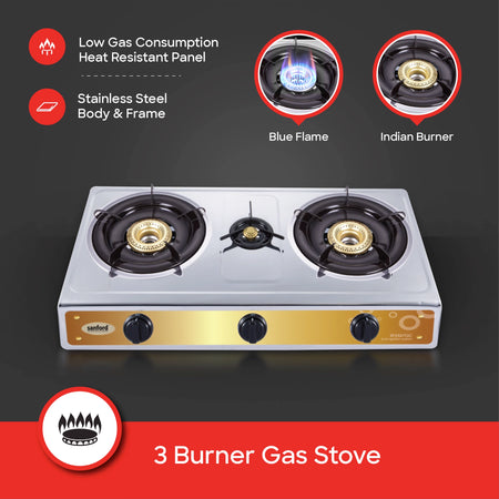 stainless steel triple burner stove blue flame Auto Ignition sanford 3