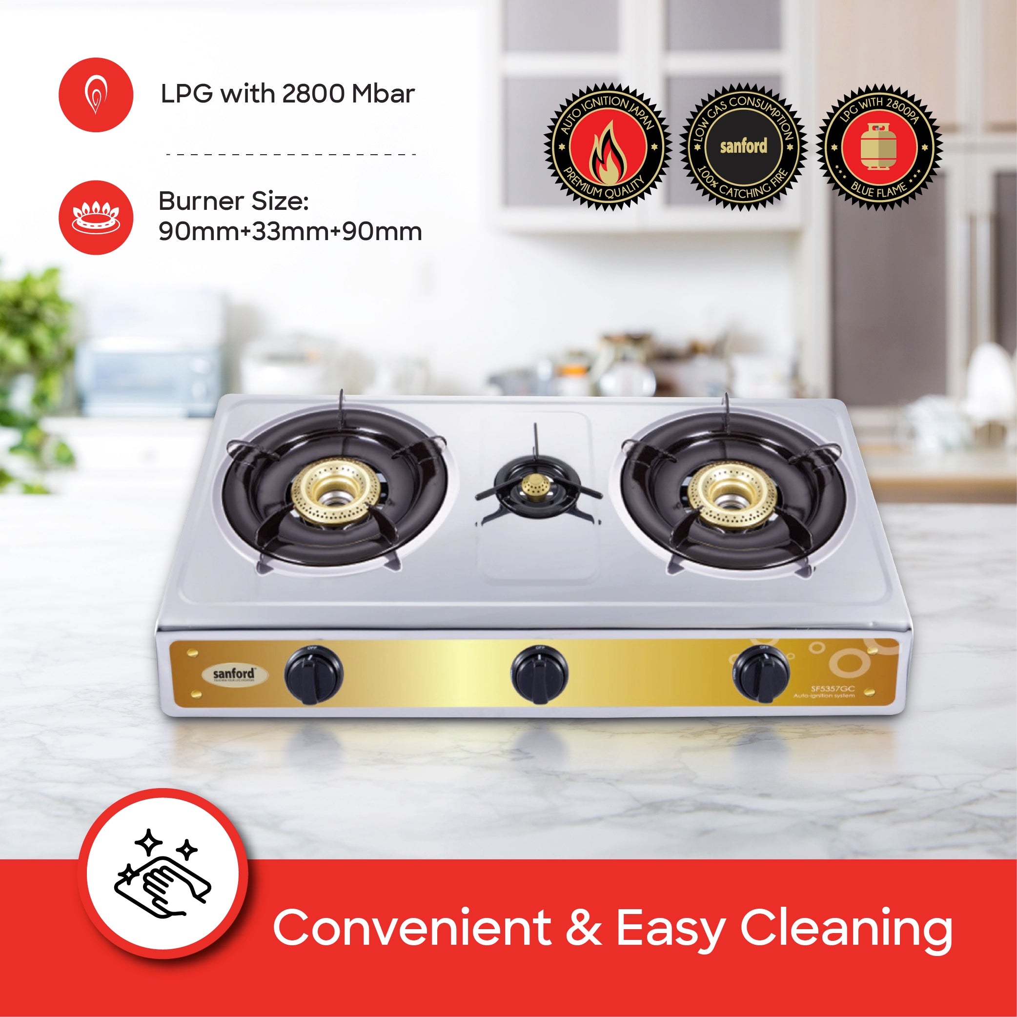 stainless steel triple burner stove blue flame Auto Ignition sanford 4