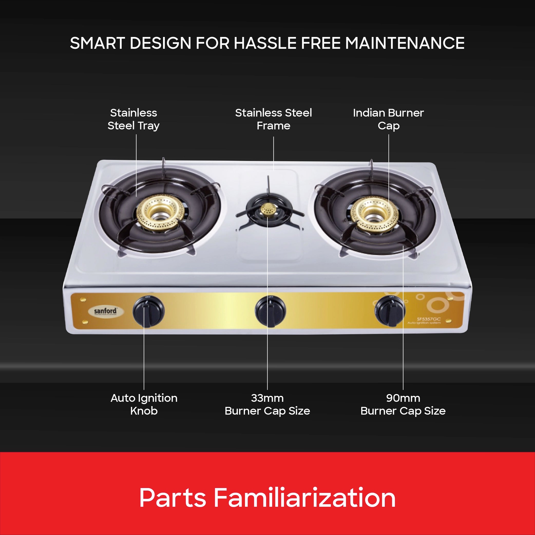 stainless steel triple burner stove blue flame Auto Ignition sanford 5