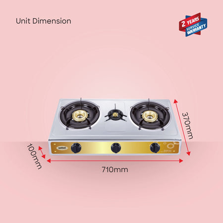 stainless steel triple burner stove blue flame Auto Ignition sanford 6