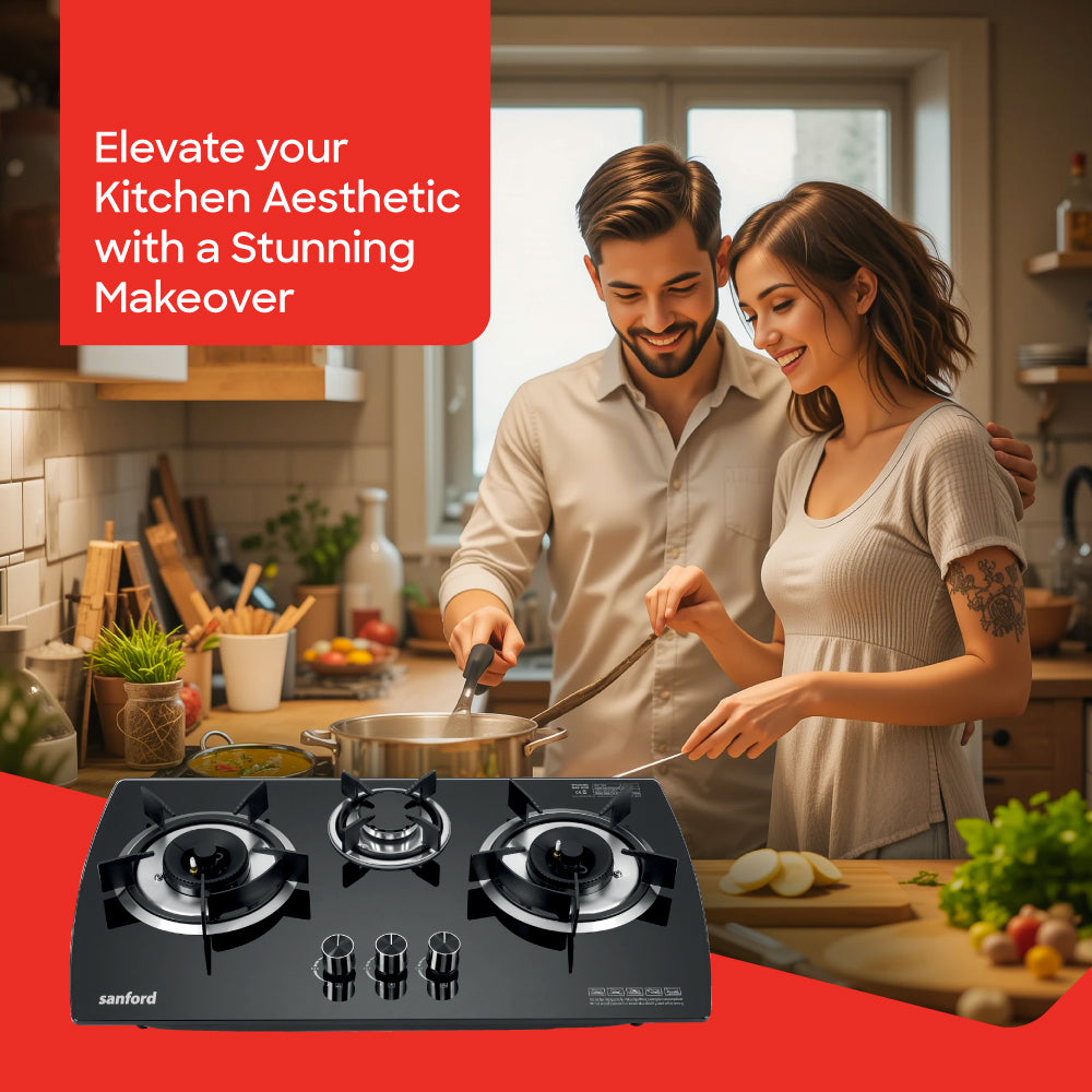 Sanford Three Burner Glass Gas Hob with Cast Iron Burners & Pulse Ignition - buysanford