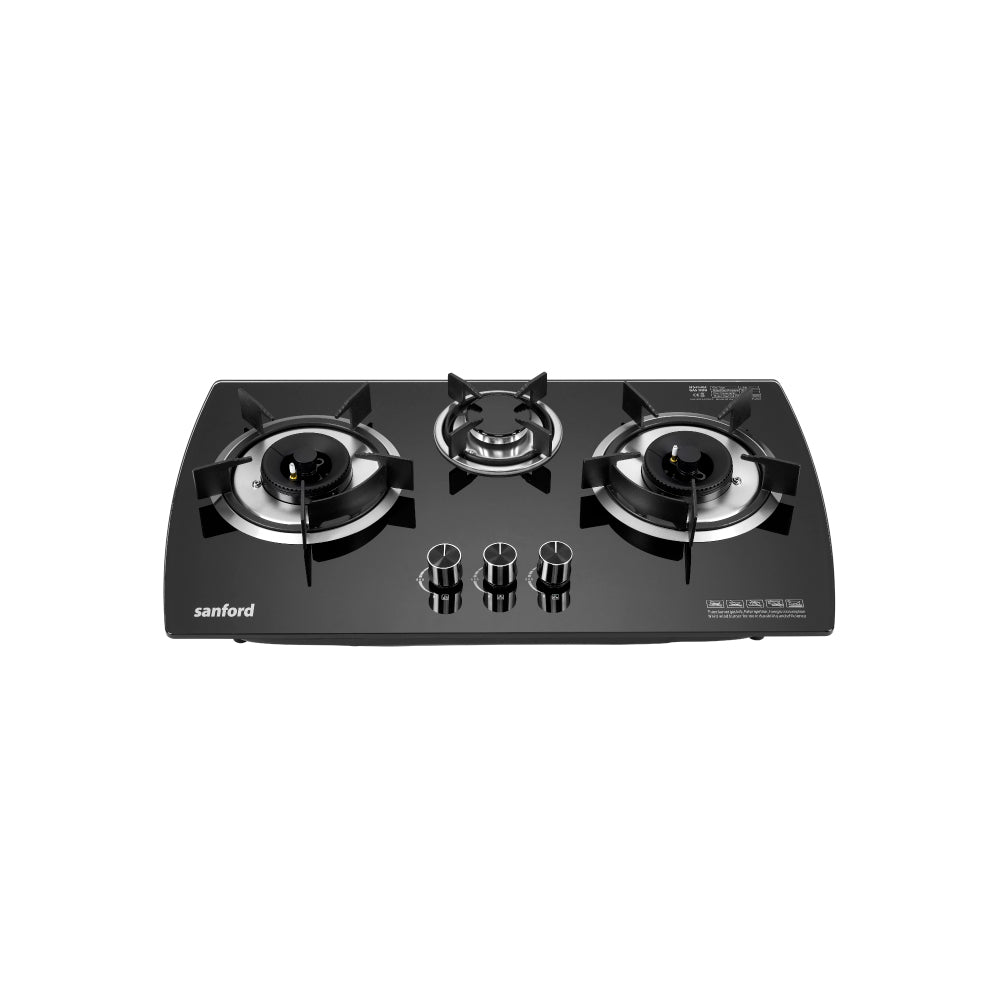 Sanford Three Burner Glass Gas Hob with Cast Iron Burners & Pulse Ignition - buysanford