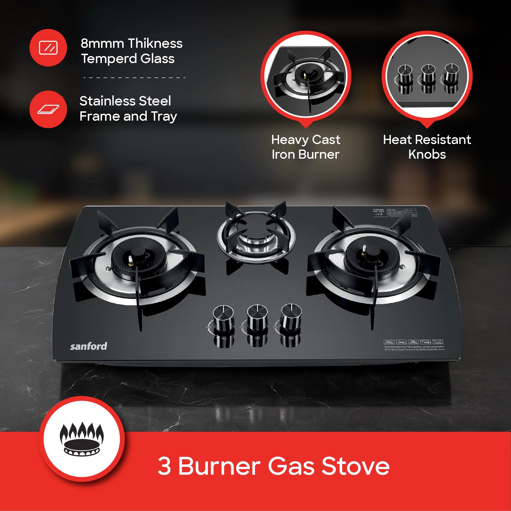 three burner glass gas hob cast iron burners pulse ignition sanford 3