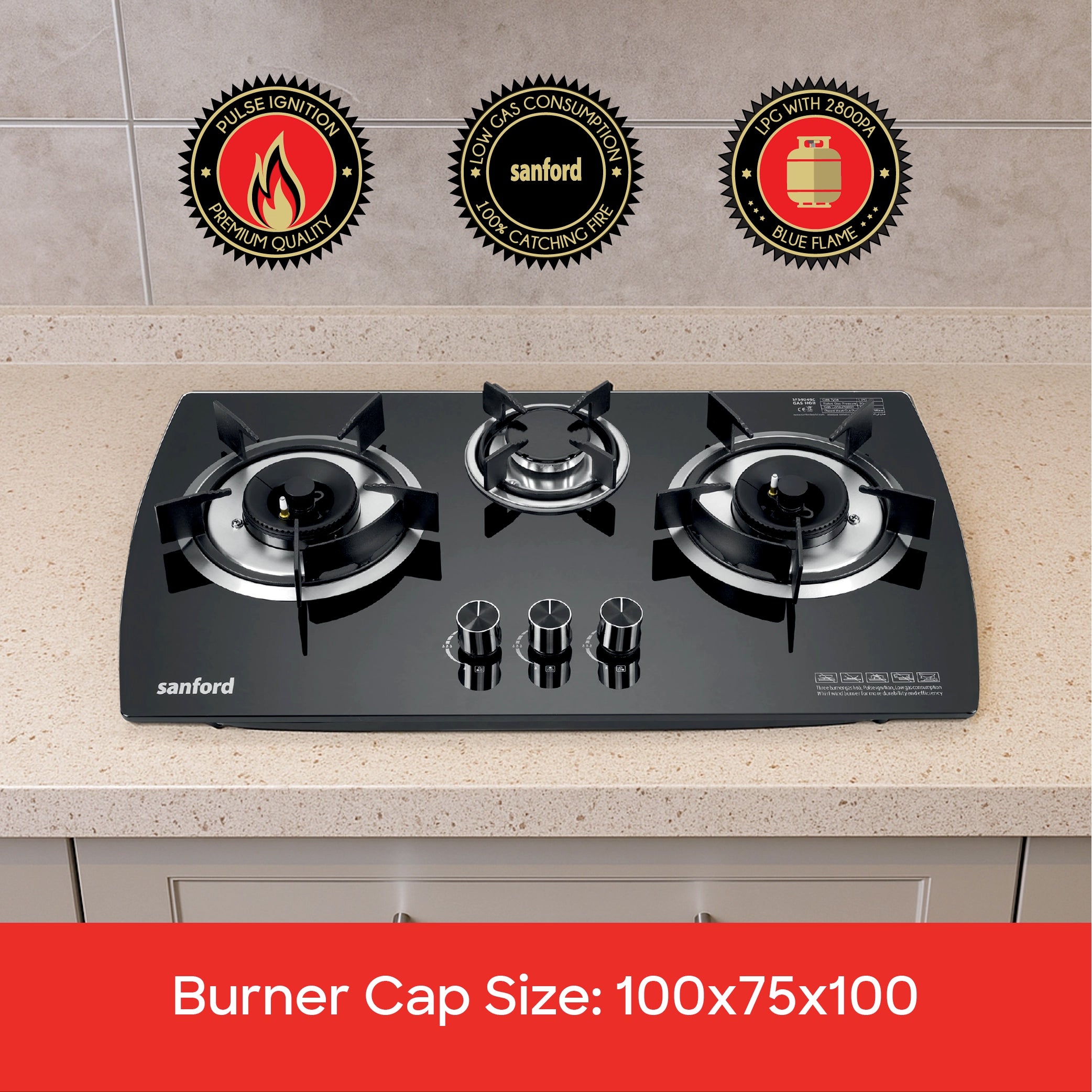 three burner glass gas hob cast iron burners pulse ignition sanford 5