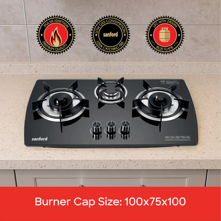 three burner glass gas hob cast iron burners pulse ignition sanford 5