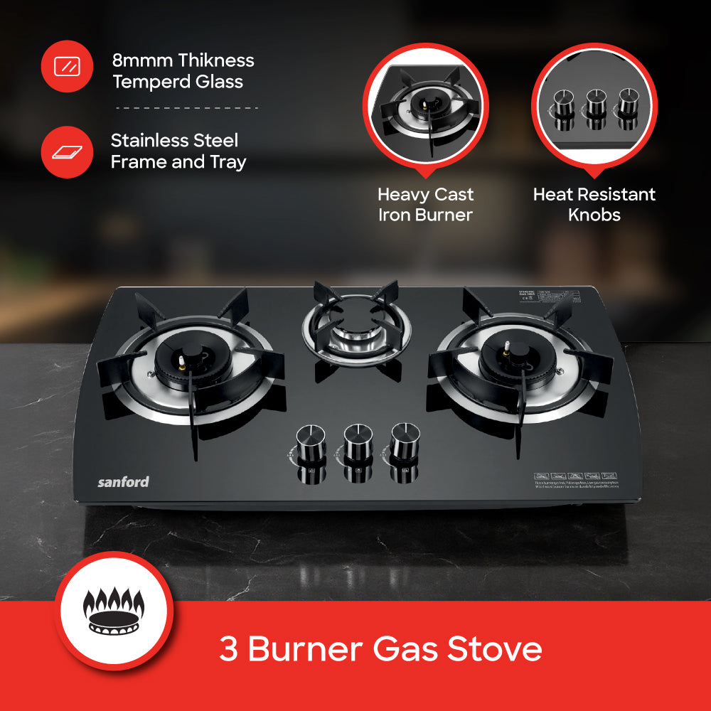 Sanford Three Burner Glass Gas Hob with Cast Iron Burners & Pulse Ignition - buysanford