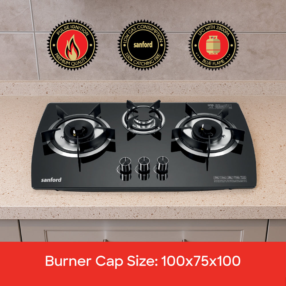 Sanford Three Burner Glass Gas Hob with Cast Iron Burners & Pulse Ignition - buysanford