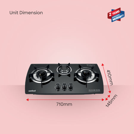 Sanford Three Burner Glass Gas Hob with Cast Iron Burners & Pulse Ignition - buysanford