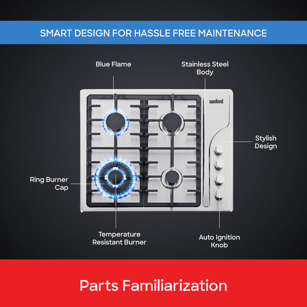 Sanford Four Burner Gas Stove with Auto Ignition & Cast Iron Support - buysanford