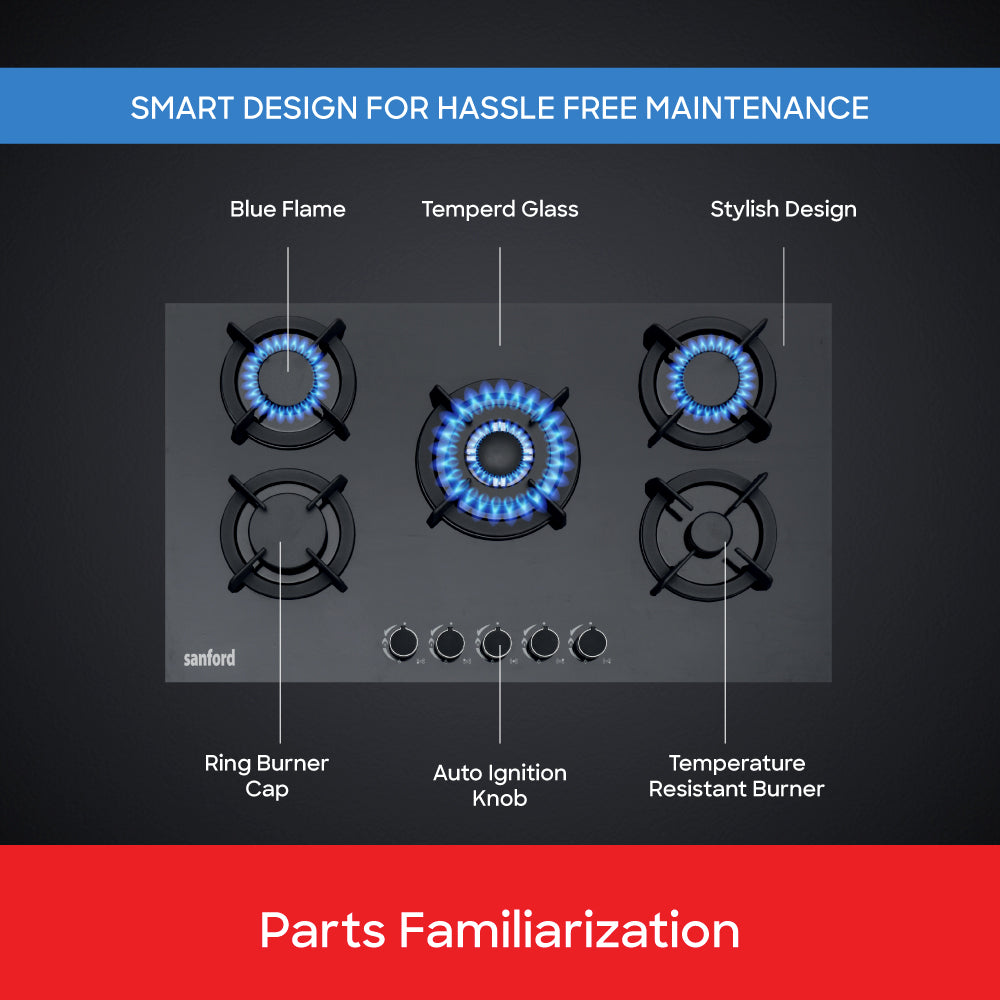 Sanford Glass Top  Basel 5-Burner Gas Hob with FSD Safety device | SF5457GH-FSD - buysanford
