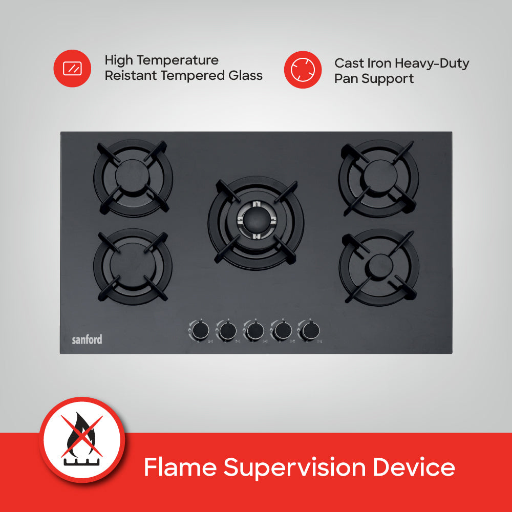 Sanford Glass Top  Basel 5-Burner Gas Hob with FSD Safety device | SF5457GH-FSD - buysanford