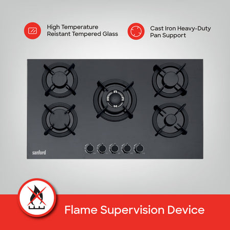 Sanford Glass Top  Basel 5-Burner Gas Hob with FSD Safety device | SF5457GH-FSD - buysanford