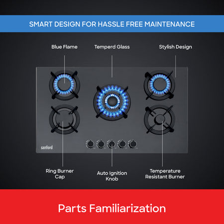 Sanford Five Burner Glass Gas Hob with Auto Ignition & Blue Flame - buysanford