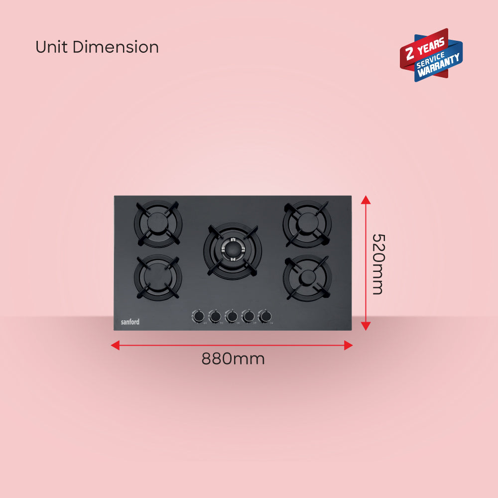 Sanford Five Burner Glass Gas Hob with Auto Ignition & Blue Flame - buysanford