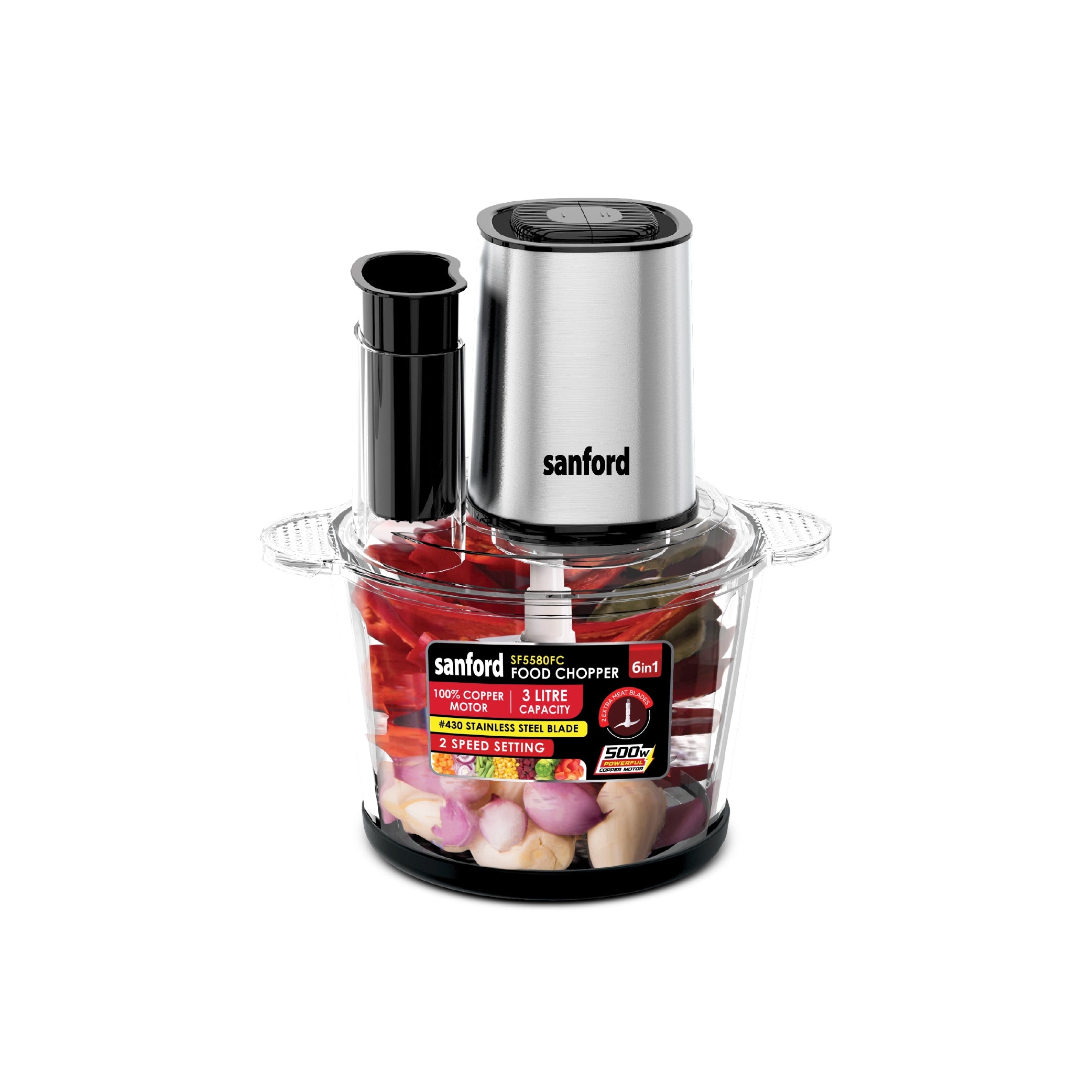 Sanford 500W Food Chopper with 3L Glass Bowl, SS Blades & 2-Speed Control - buysanford