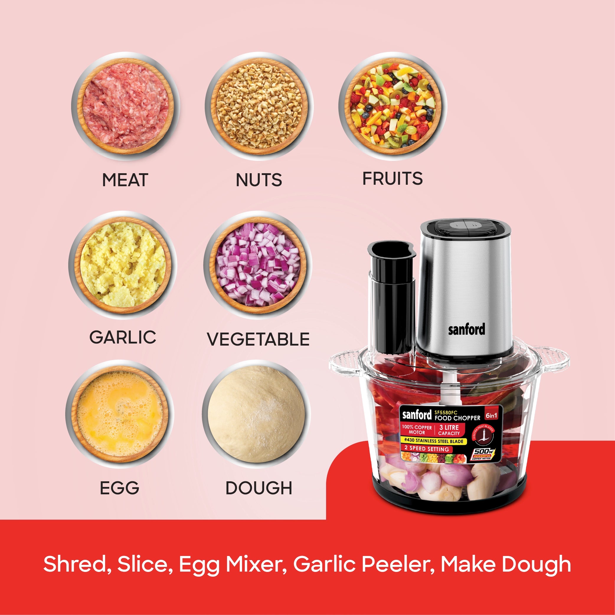 food chopper 3L glass bowl 2 speed stainless steel blades sanford 6