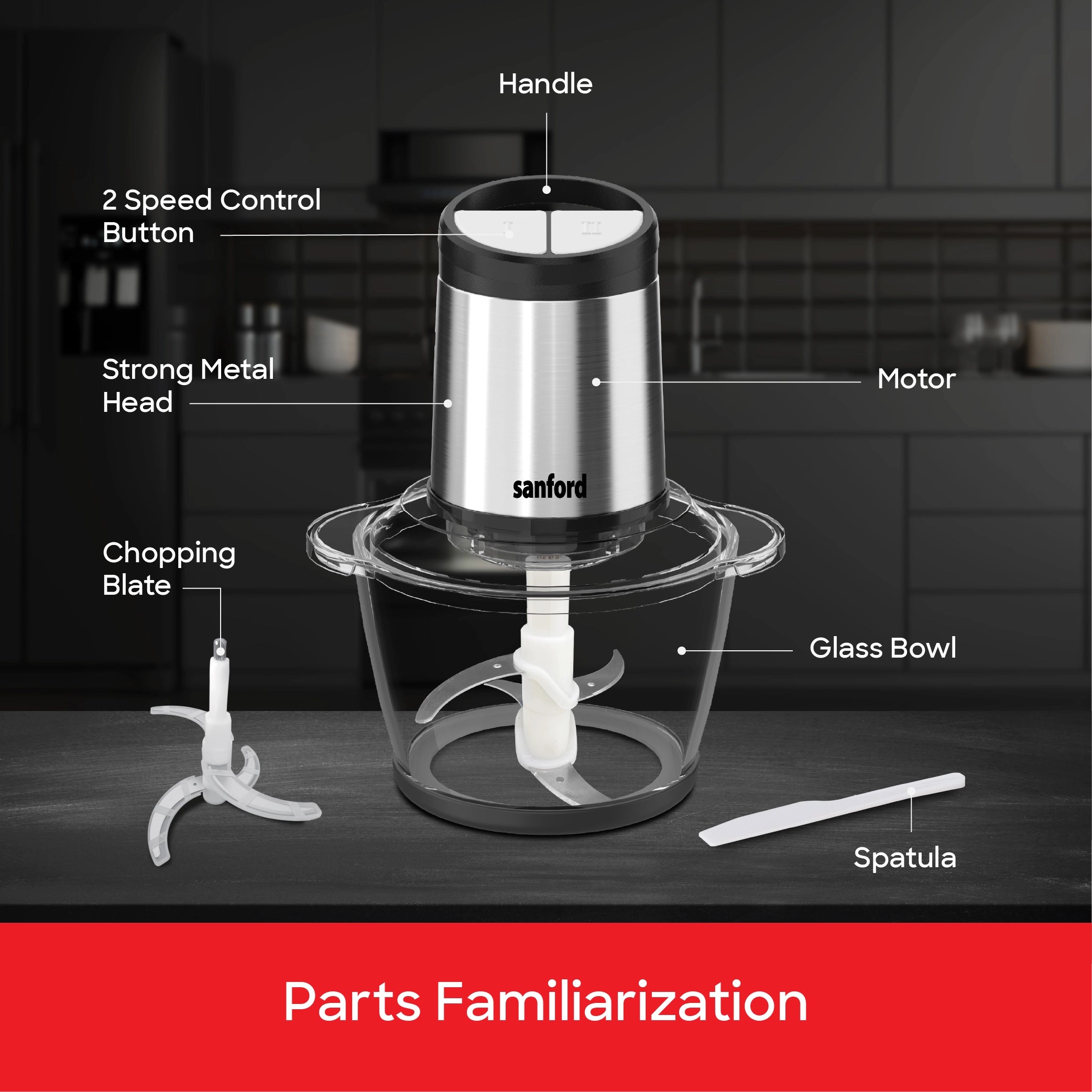 1.2L 500W food chopper glass bowl 2 speed control sanford 5