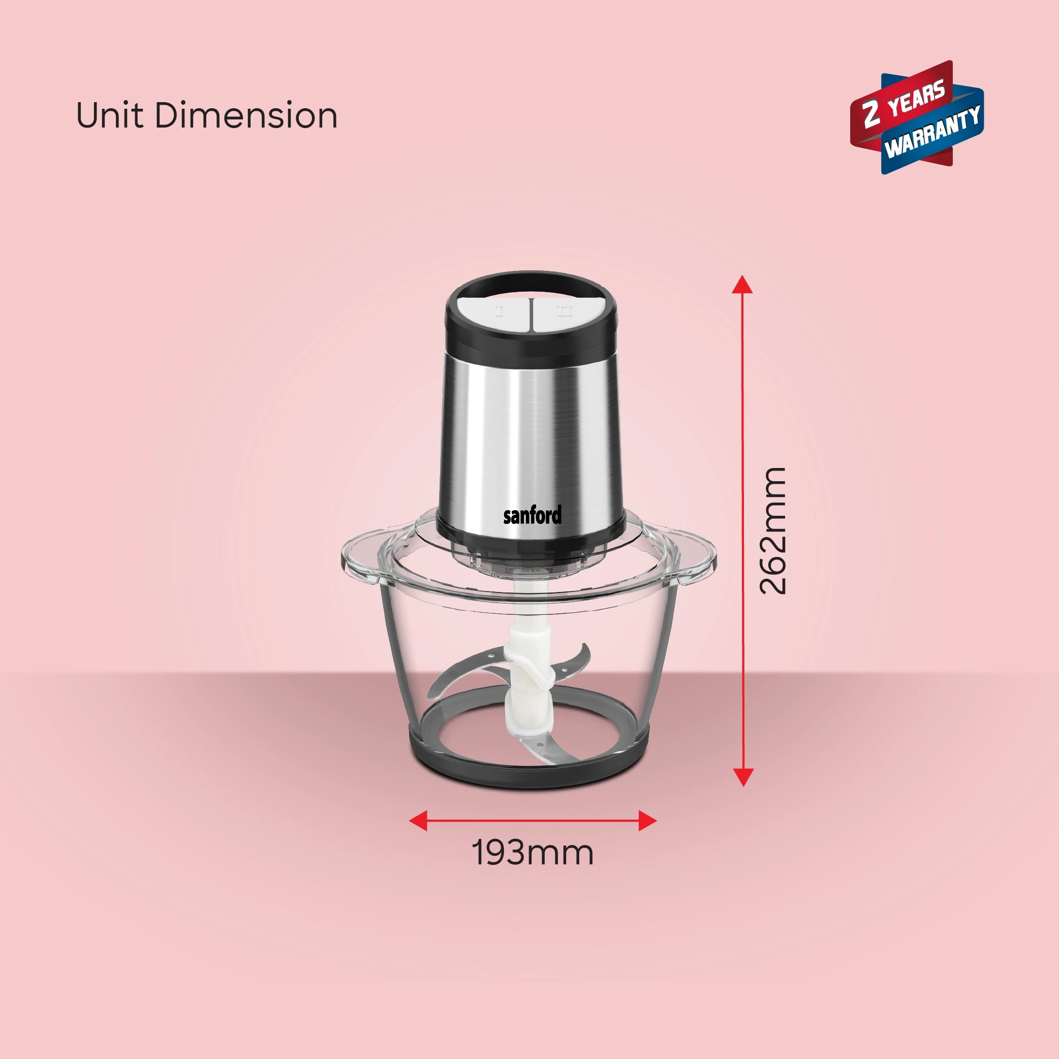 1.2L 500W food chopper glass bowl 2 speed control sanford 6