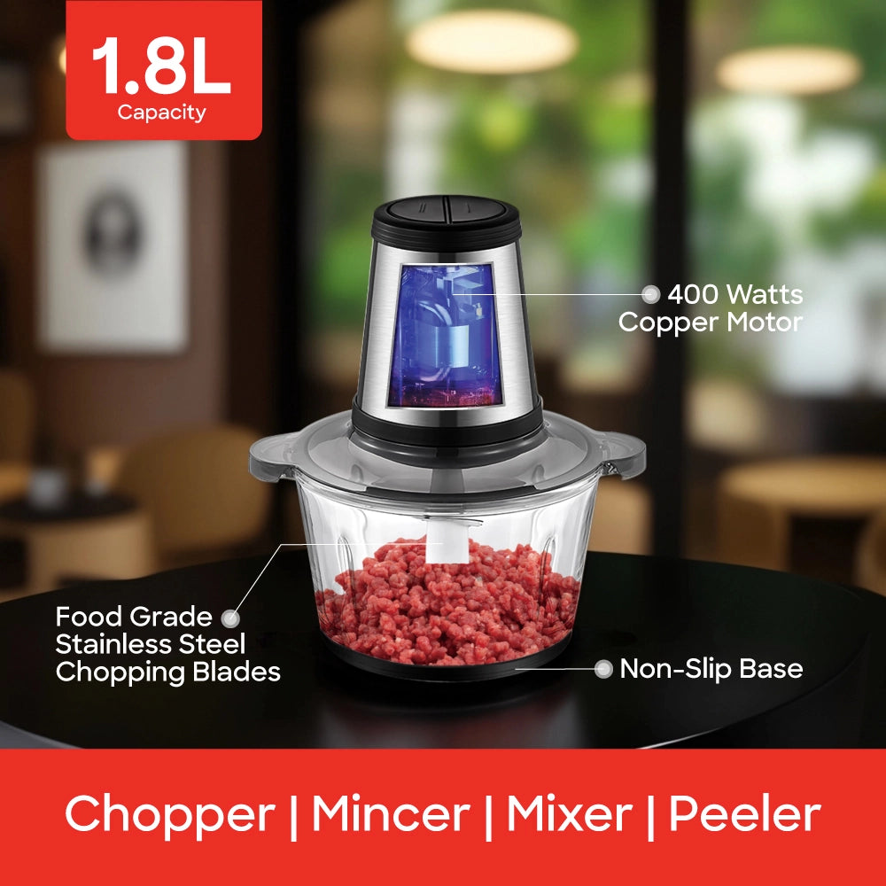 500W food chopper 2L glass bowl stainless steel blades garlic peeler sanford 3