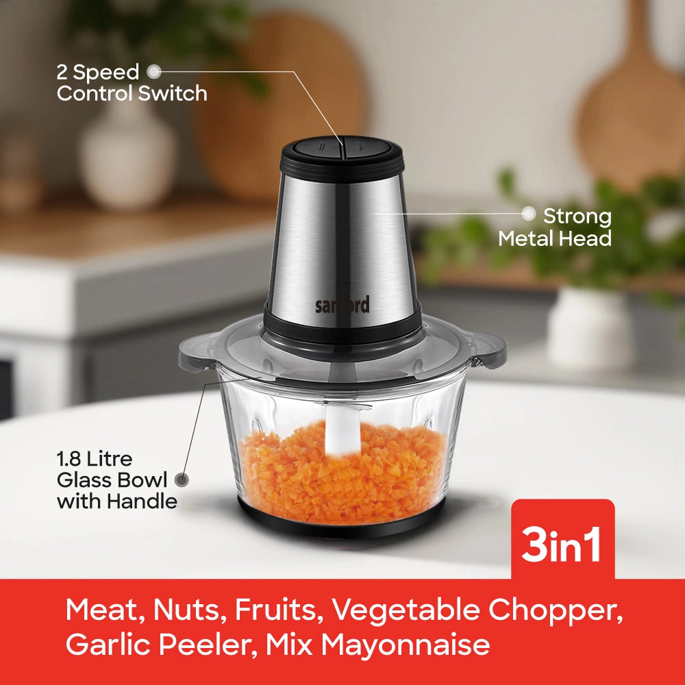 500W food chopper 2L glass bowl stainless steel blades garlic peeler sanford 4