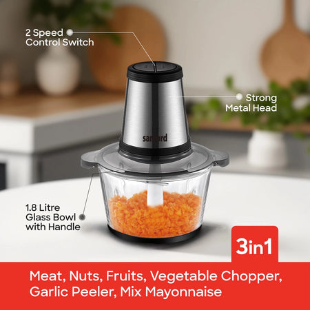 500W food chopper 2L glass bowl stainless steel blades garlic peeler sanford 4