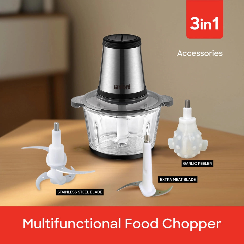 500W food chopper 2L glass bowl stainless steel blades garlic peeler sanford 5