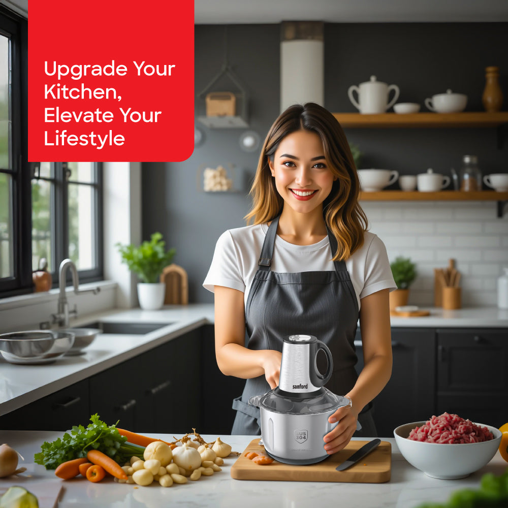 Sanford food chopper showing two bowl options for different food processing needs