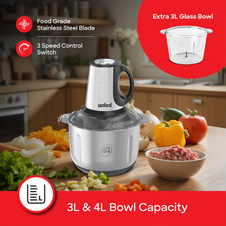600W food chopper 3L glass 4L stainless steel bowl dual blades sanford 3