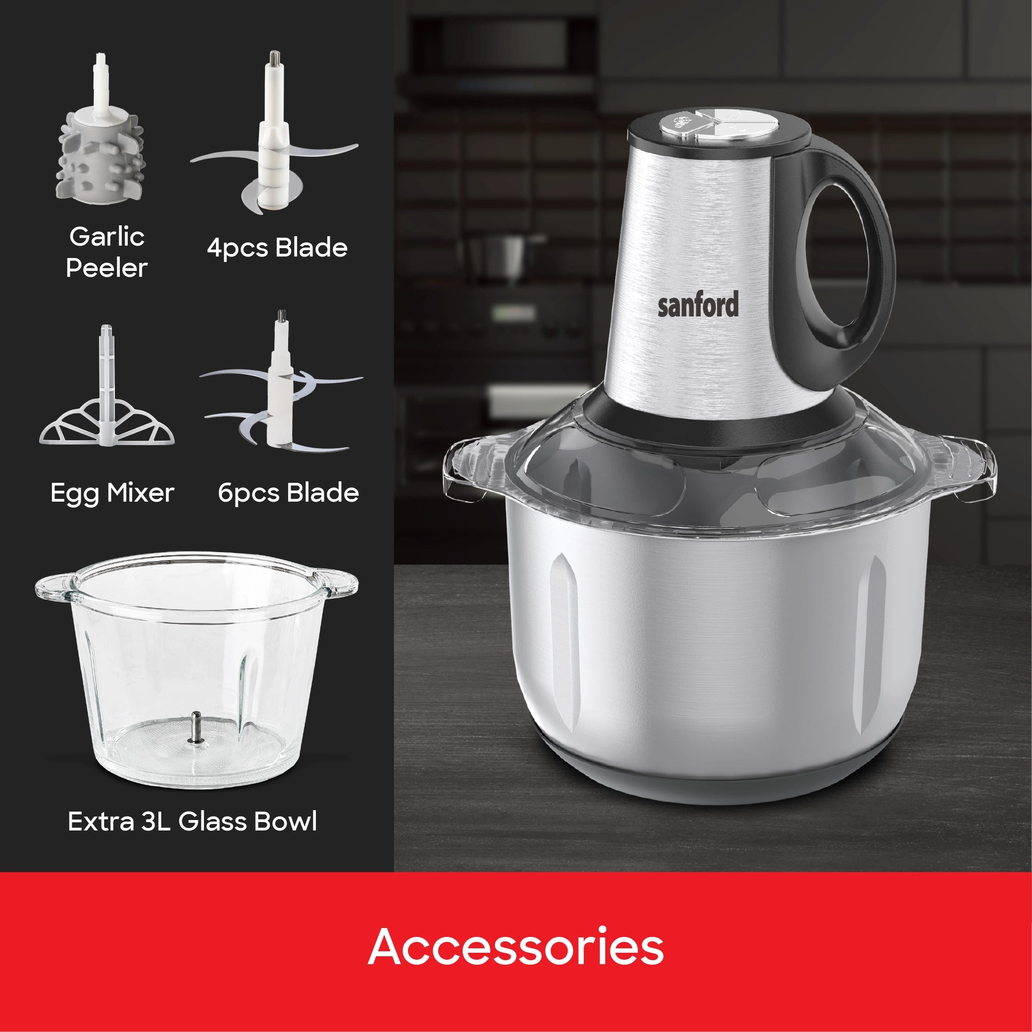 600W food chopper 3L glass 4L stainless steel bowl dual blades sanford 5