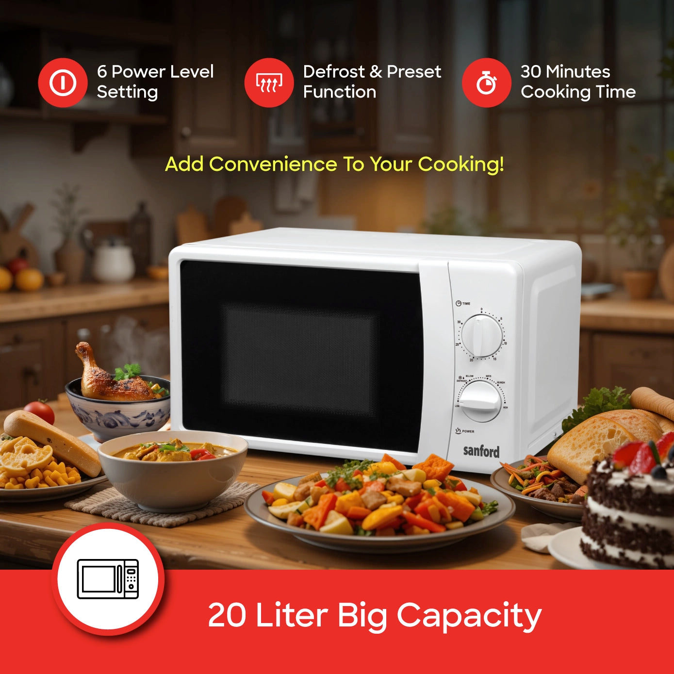 Sanford 20L Microwave - 6 Power Level Settings for Versatile Cooking & Reheating - UAE Market