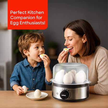 Sanford SF5755FS 7 Egg Boiler – lifestyle shot, mother and child eating boiled eggs