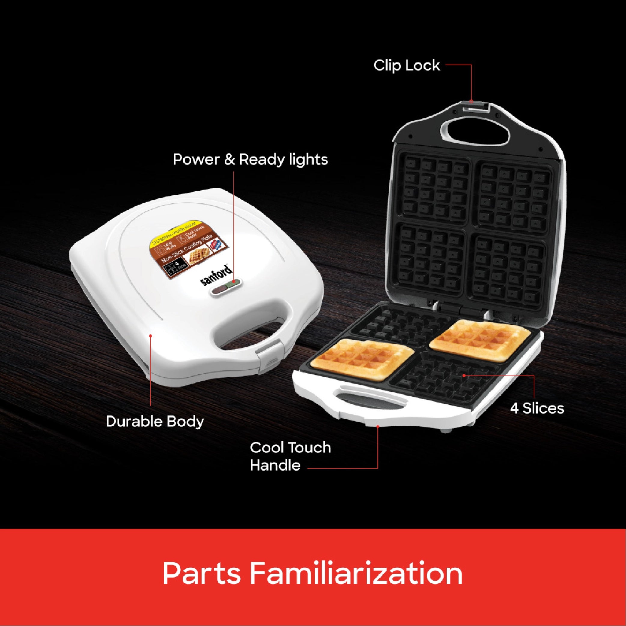 waffle maker 4 slice non stick 1400W thermostatic control sanford 5