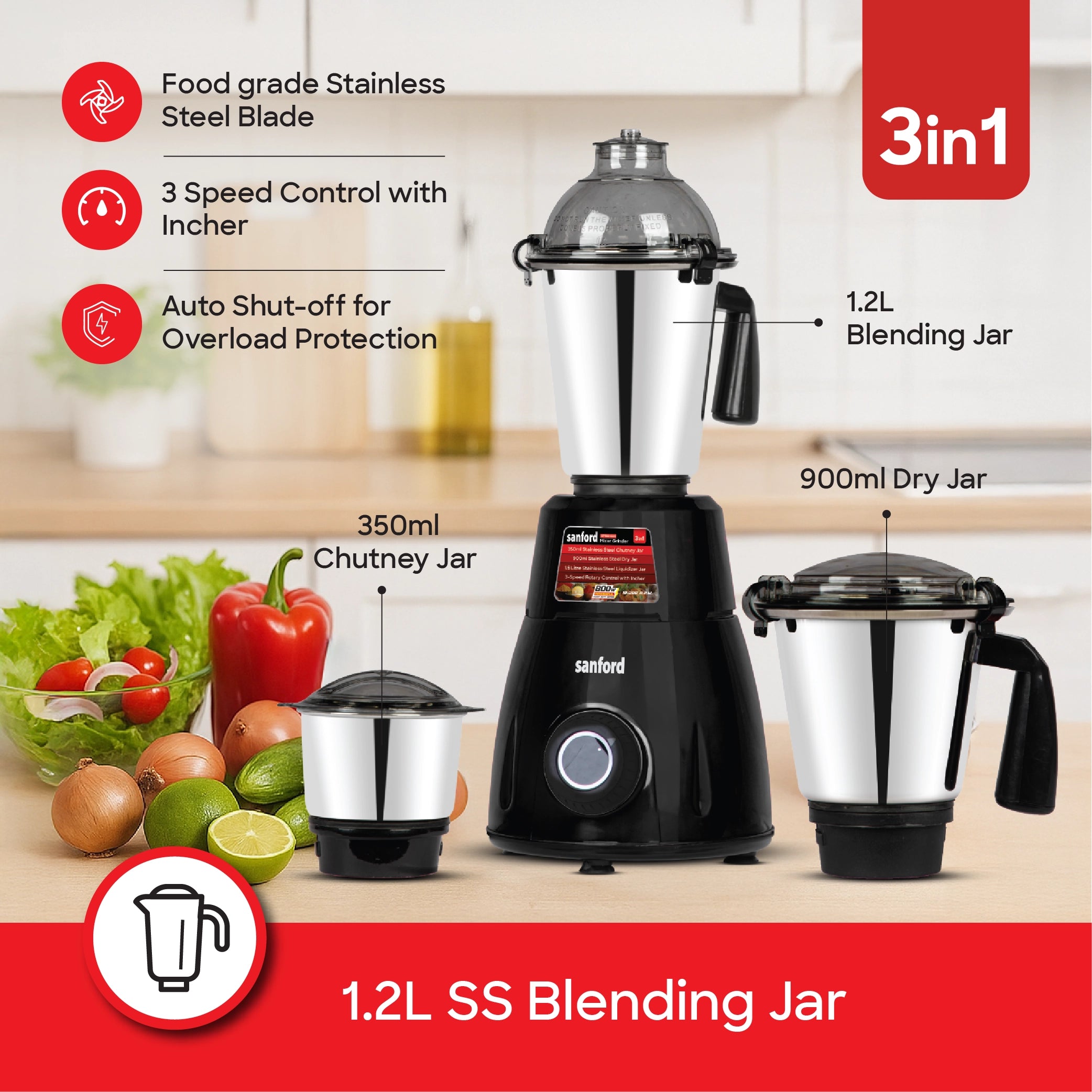800W 3 in 1 mixer grinder stainless steel jars sanford 3