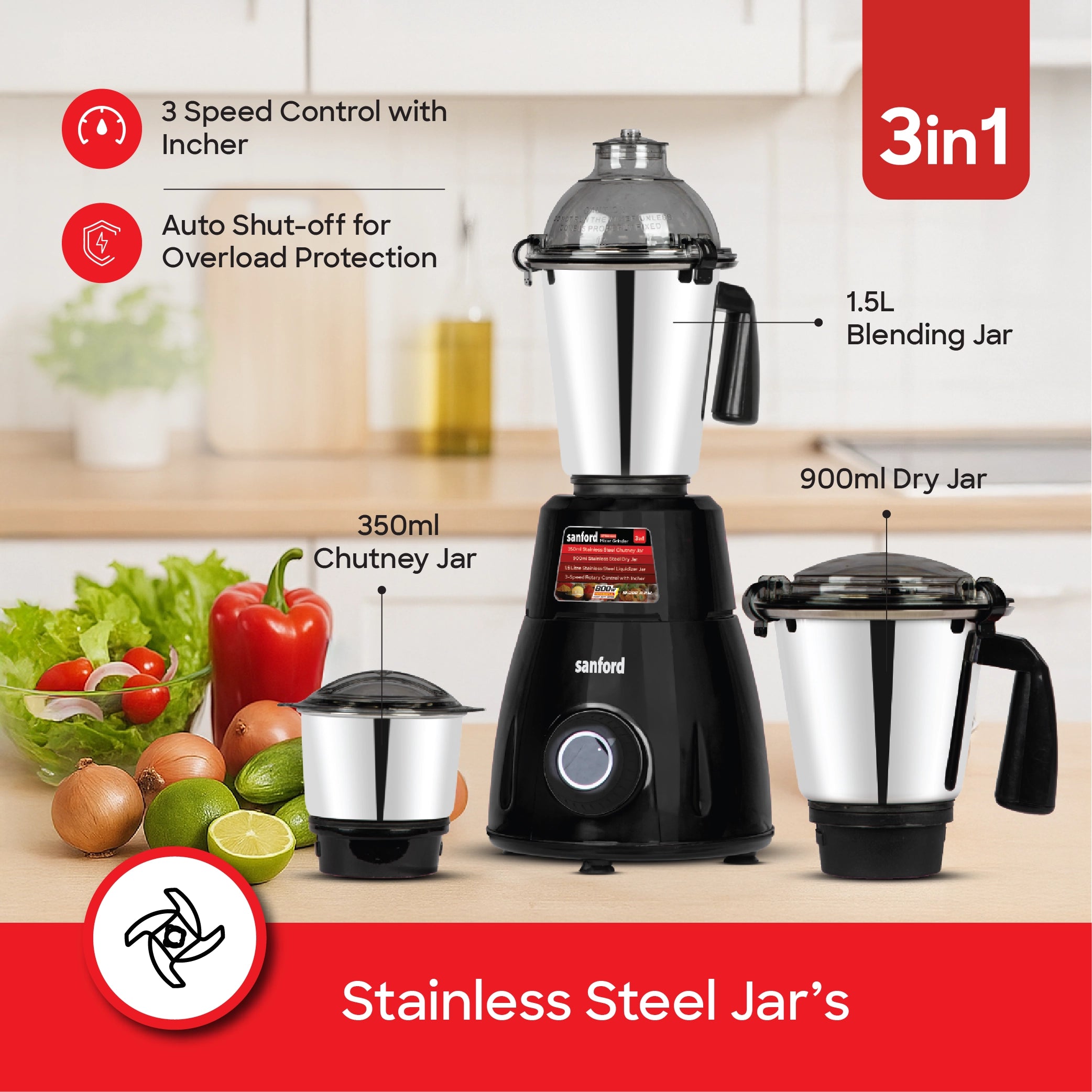 Sanford SF5901GM 3-in-1 Mixer Grinder 800W – stainless steel jars feature callout