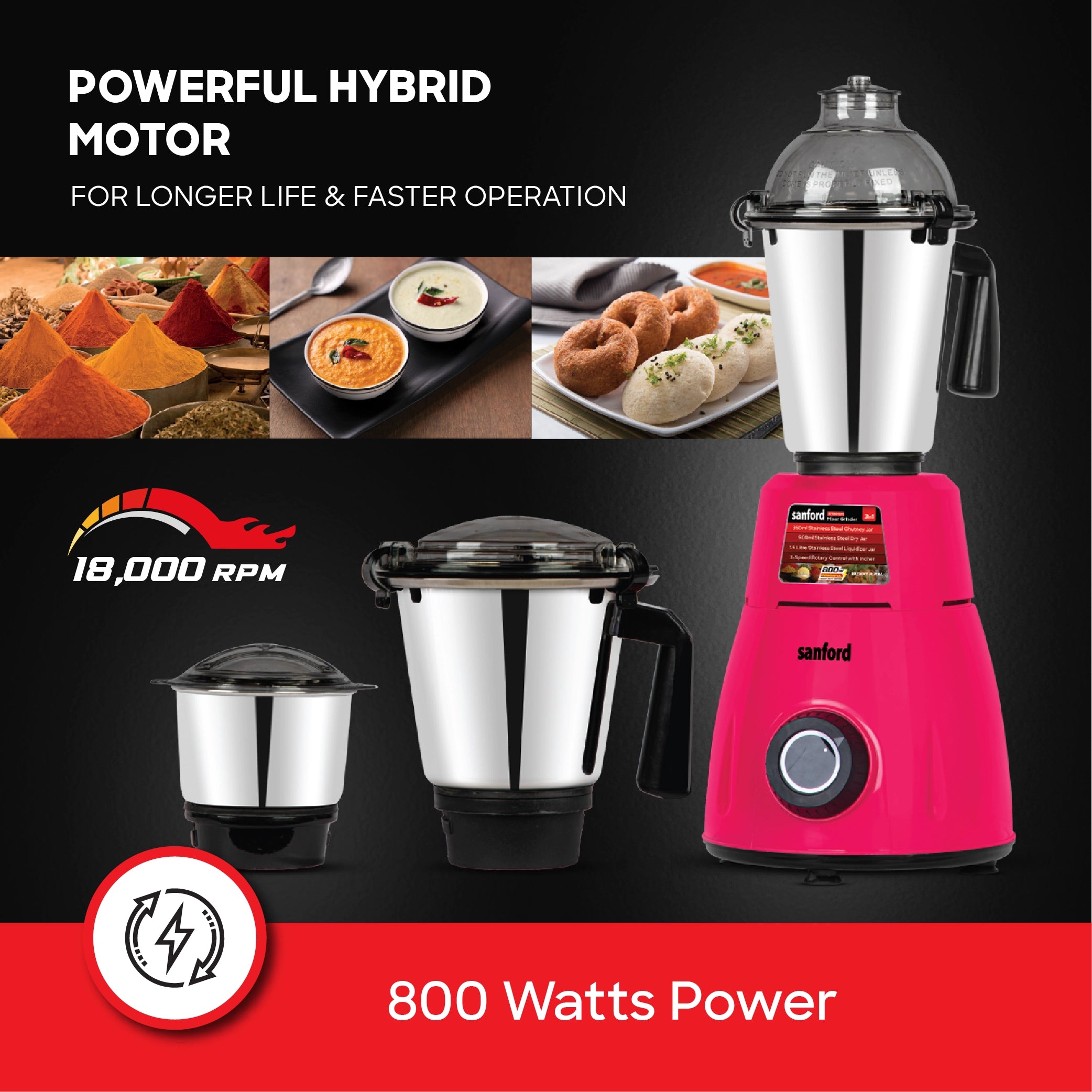Sanford SF5901GM 3-in-1 Mixer Grinder 800W – 800 watts hybrid motor feature callout