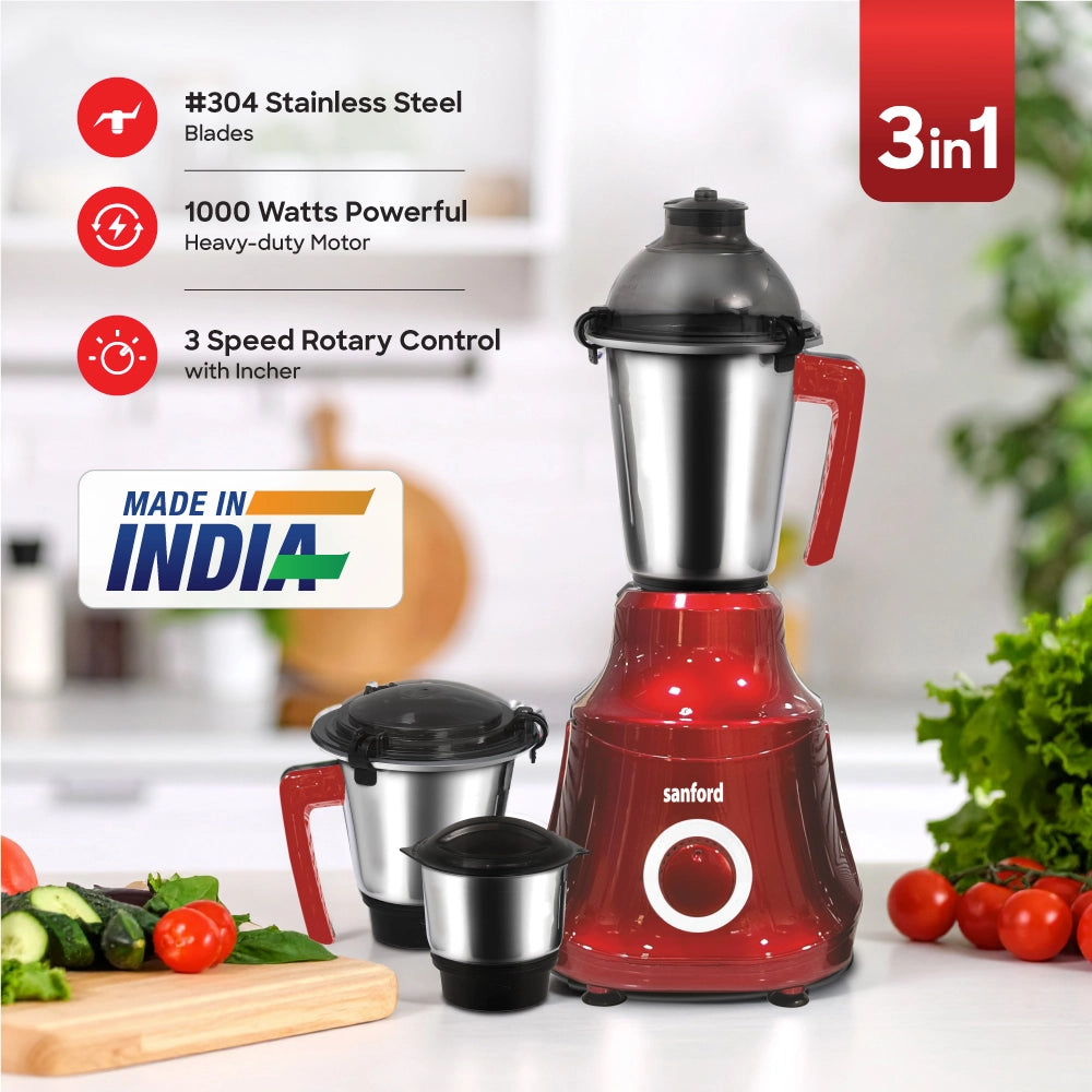 1000W mixer grinder 3 stainless steel jars overload protection sanford 3