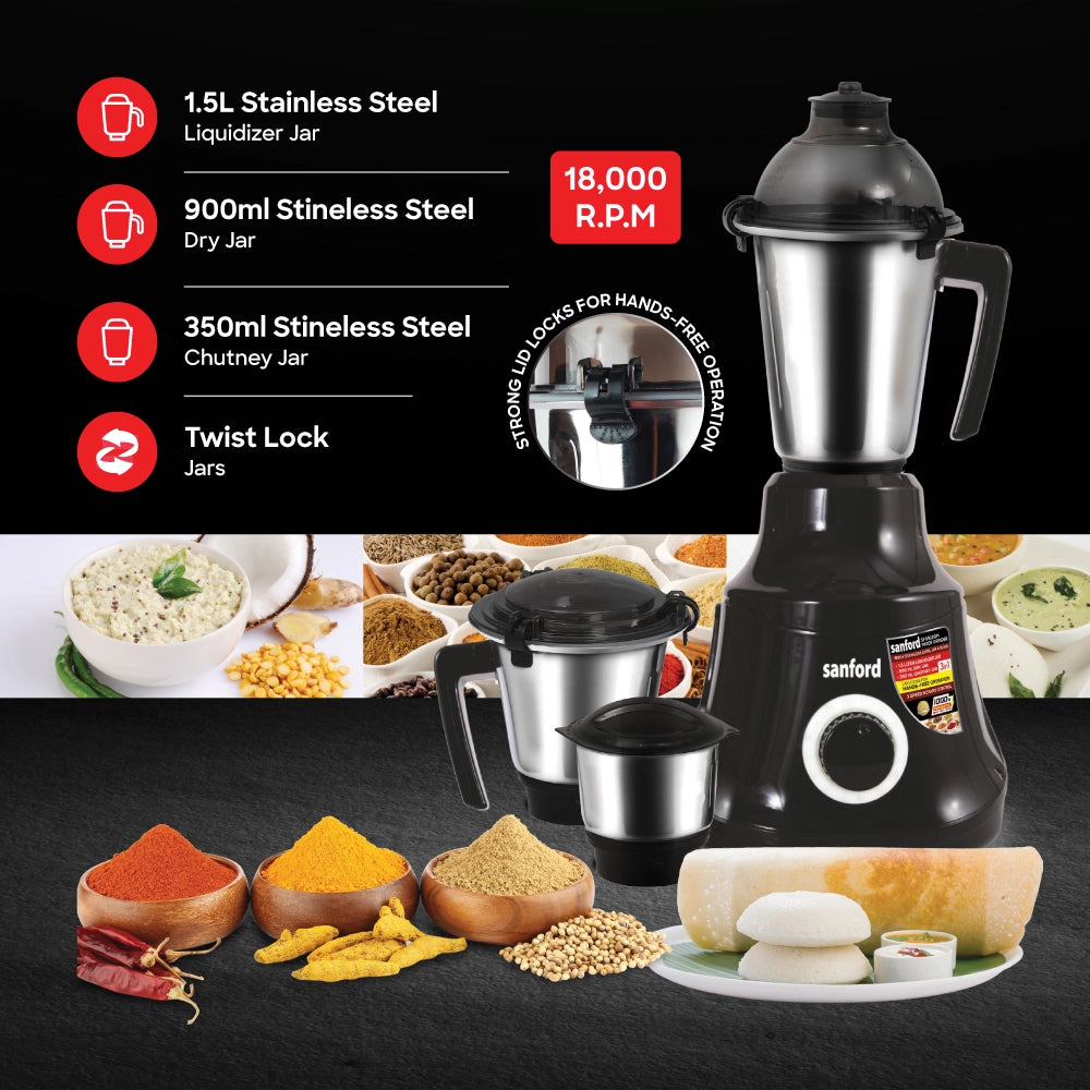 1000W mixer grinder 3 stainless steel jars overload protection sanford 4