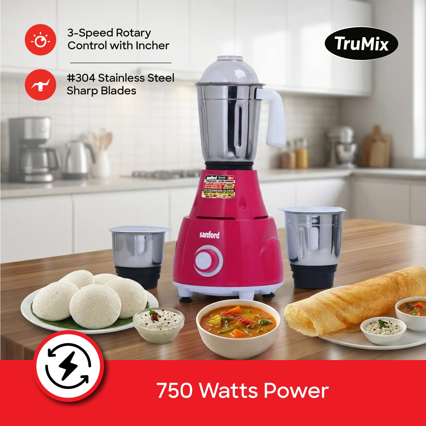 SF5904GM 750W Mixer Grinder - Complete Set with Liquidizer, Dry Jar and Chutney Jar - Product Features UAE