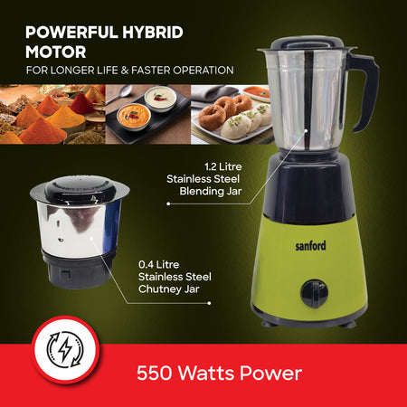 Sanford 550W Mixer Grinder with 1.2L Blending Jar and Chutney Jar | SF5905GM-C - buysanford