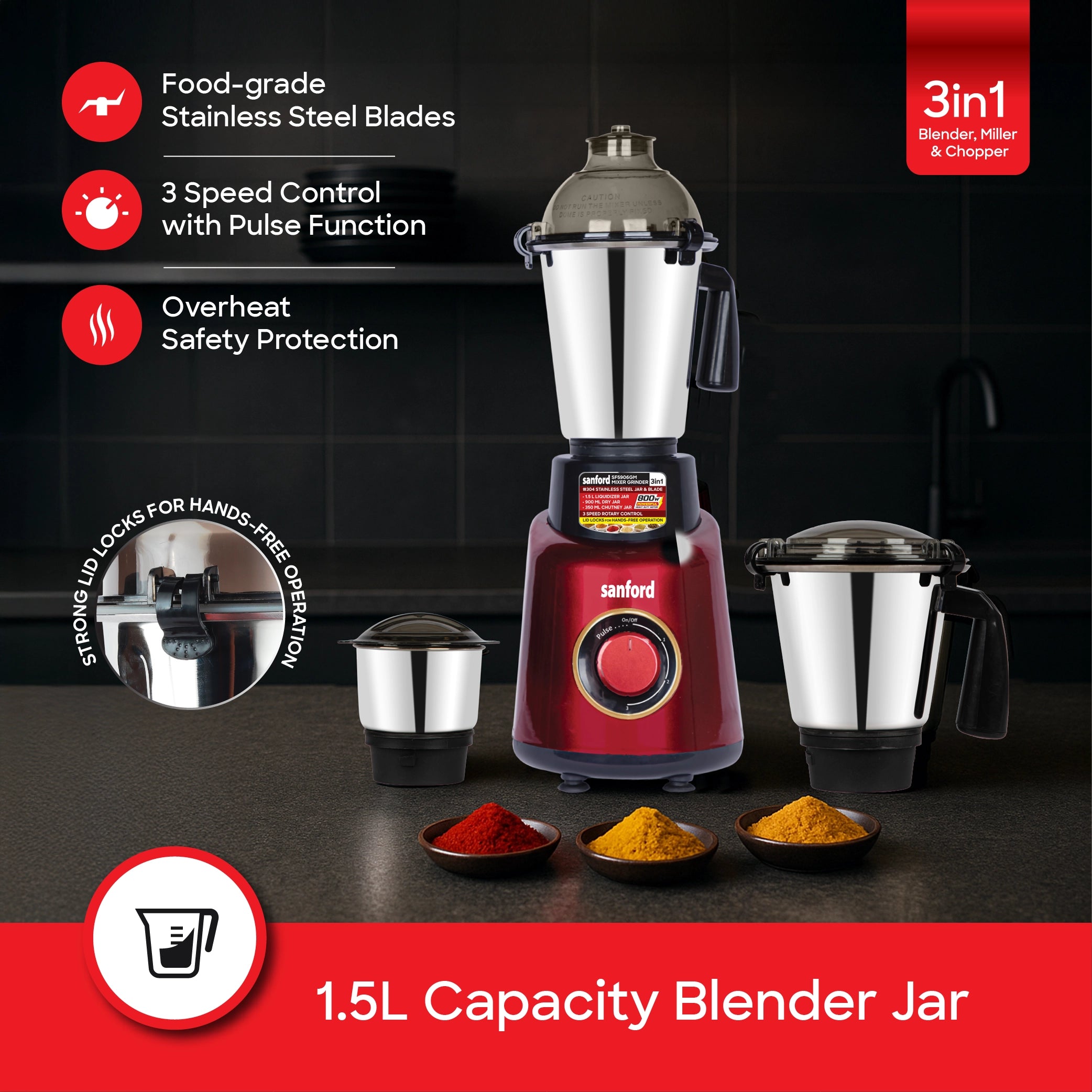 3 in 1 mixer grinder 800W stainless steel jars sanford 3