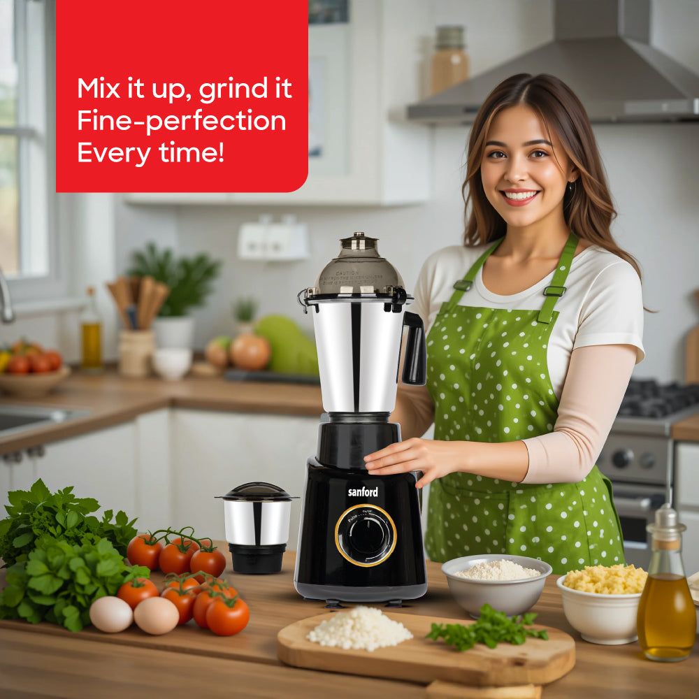 Sanford 800W mixer grinder side profile with three stainless steel jar attachments