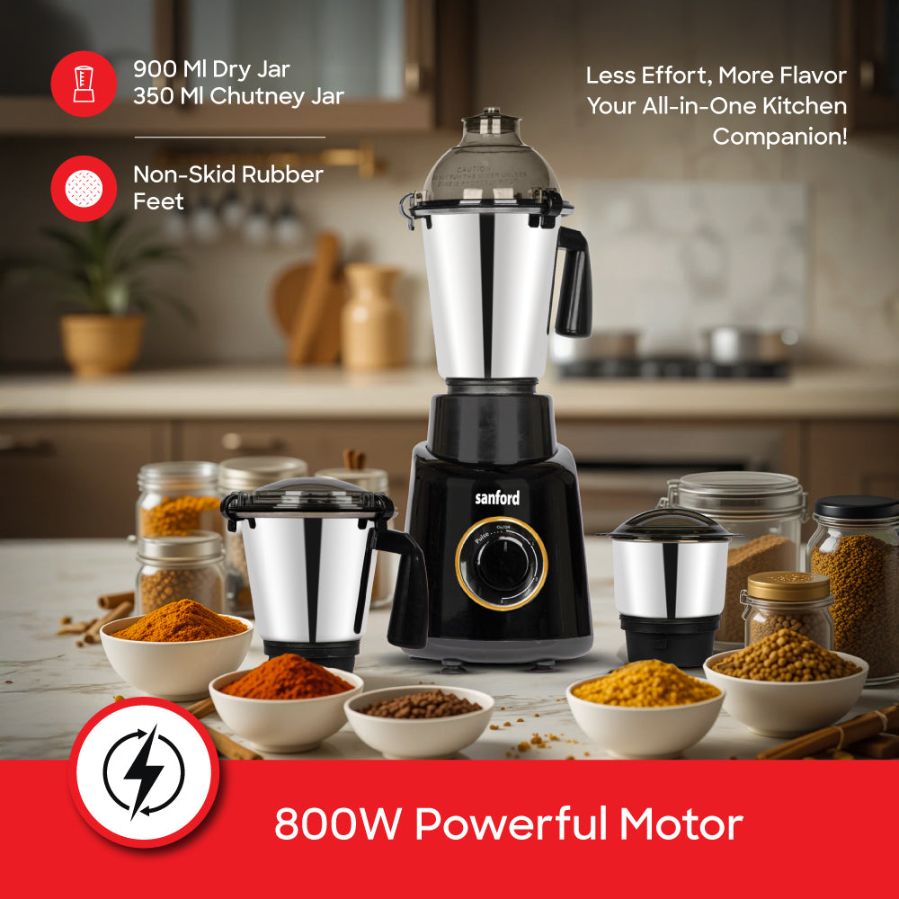 Sanford 800W mixer grinder control panel with speed settings and safety lock