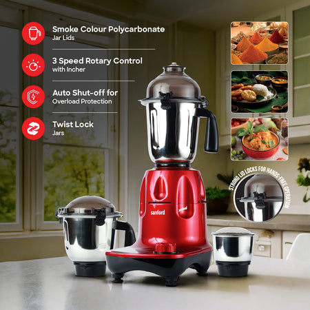 Sanford 3 Jar Mixer Grinder | 1200W Motor | 1.5L | 900ml | 300ml Stainless Steel Jars - buysanford