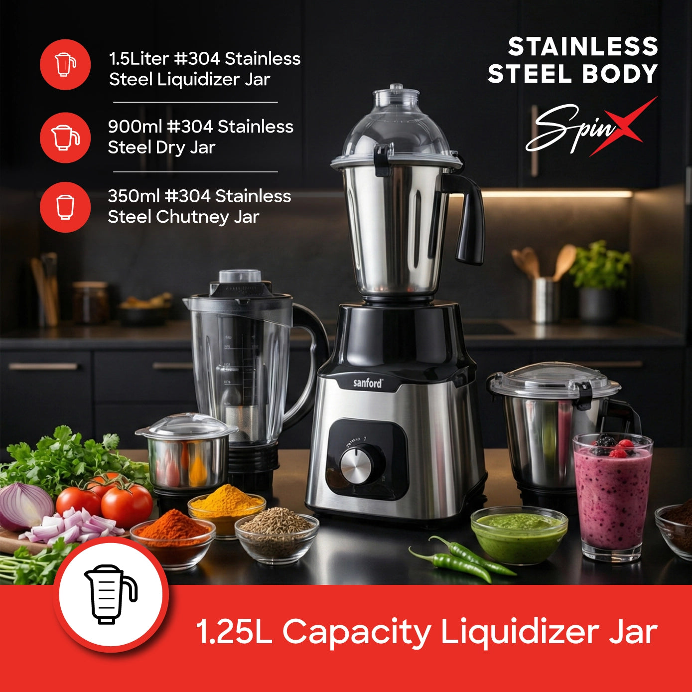 5 in 1 mixer grinder 1200W stainless steel body jars sanford 3