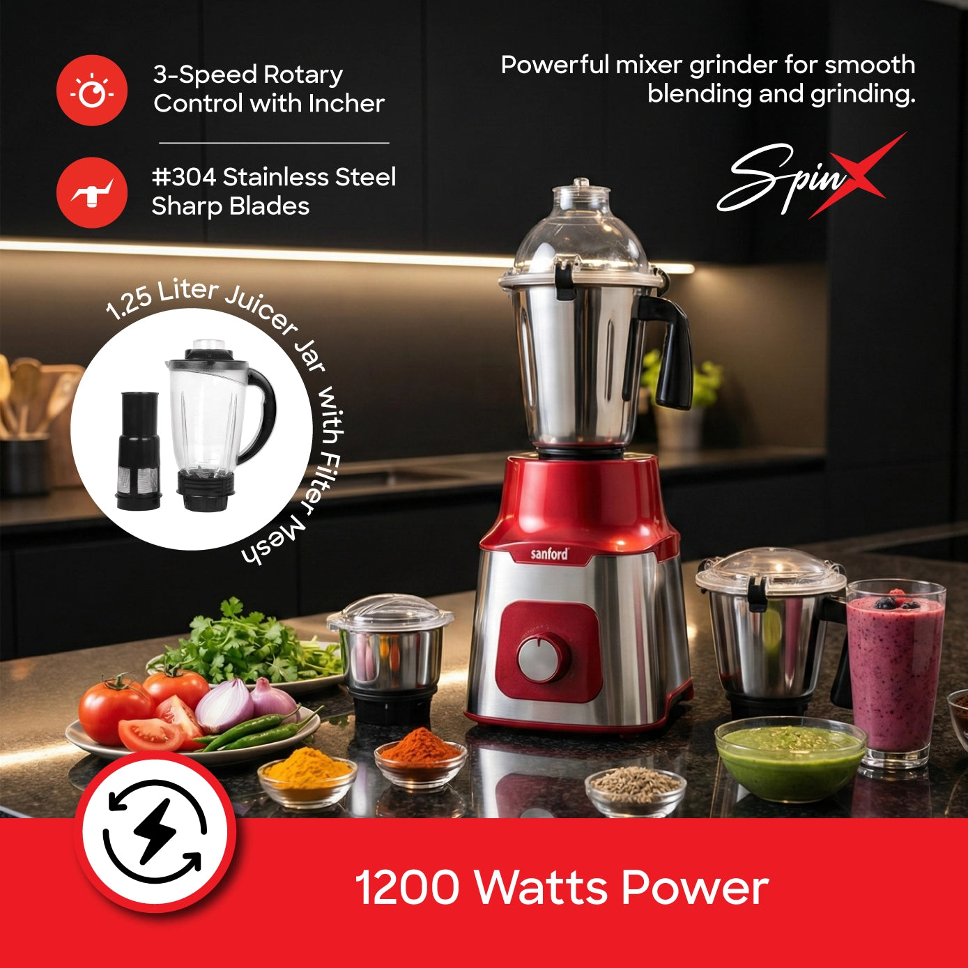 5 in 1 mixer grinder 1200W stainless steel body jars sanford 4