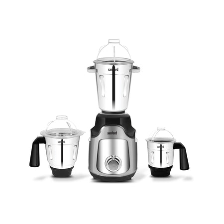 Sanford Mighty Mix 3-In-1 Power Mixer Grinder – front view of mixer grinder with 3 stainless steel jars on white background